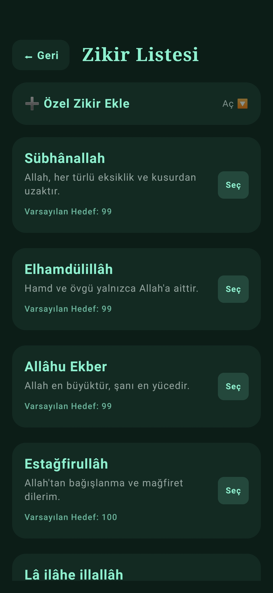 Zikra Zikir Listesi